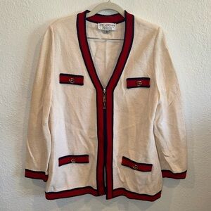 ST. JOHN Collection Cream Red Knit Zip Front Cardigan Pockets Gold Accents 12